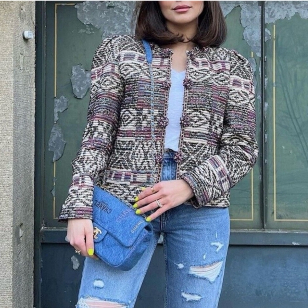 ZARA Jacquard Jacket Sz M Cropped Multicolor Boho Bohemian Tapestry